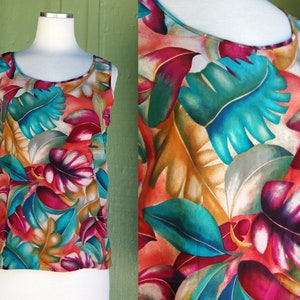 1990s Green Purple Tropical Leaf Print Silk Tank Top // 90s Liz Claiborne Scoop Neck Artsy Leaf Print