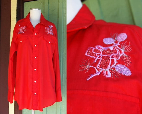 1970s Red Western H Bar C Long Sleeve Shirt with … - image 1