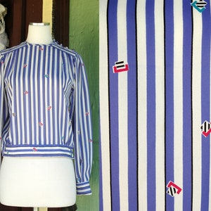 1980s Blue White Black Striped Blouse with Graphic Line Print // 80s Long Sleeve Boxy Striped Top