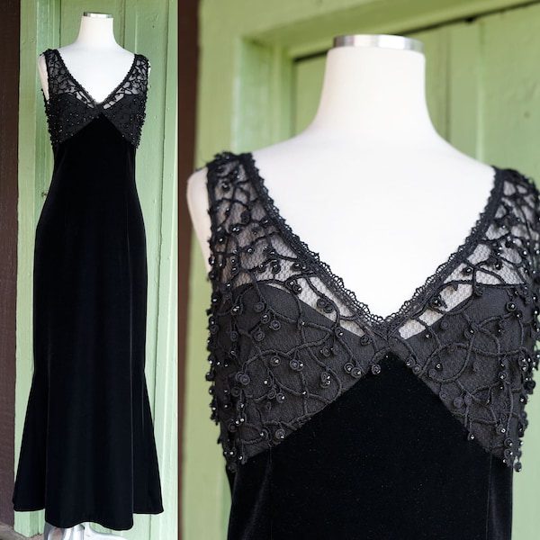 1980s 1990s Black Velour Mermaid Evening Gown // 80s 90s Papell Boutique Formal Dress with Beaded Sheer Bust Detail