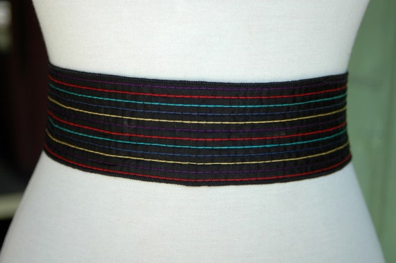 1980s Black Sash Tie Belt with Rainbow Stripe Sti… - image 5