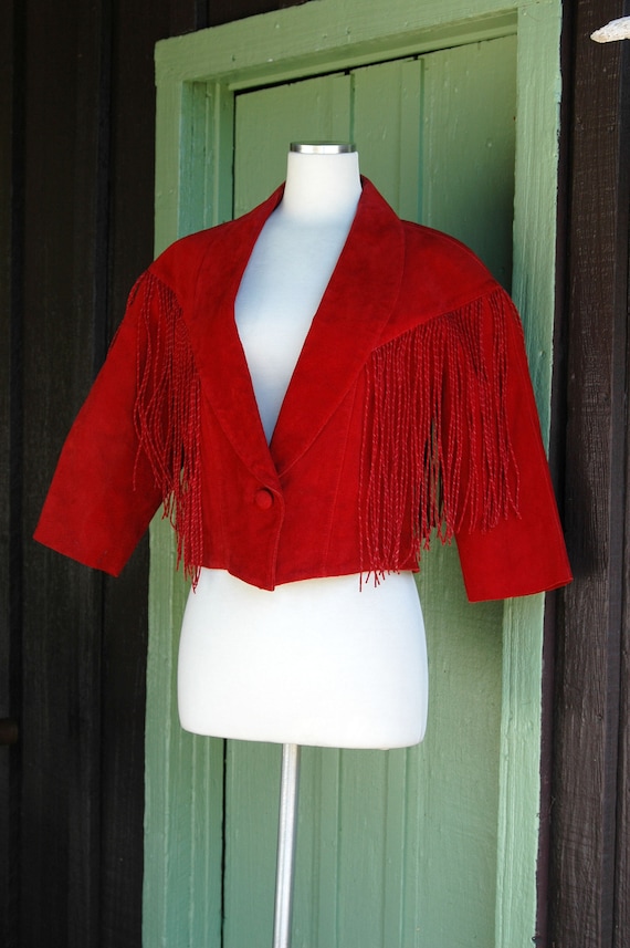 1990s Dark Red Suede Cropped Jacket with Fringe T… - image 4