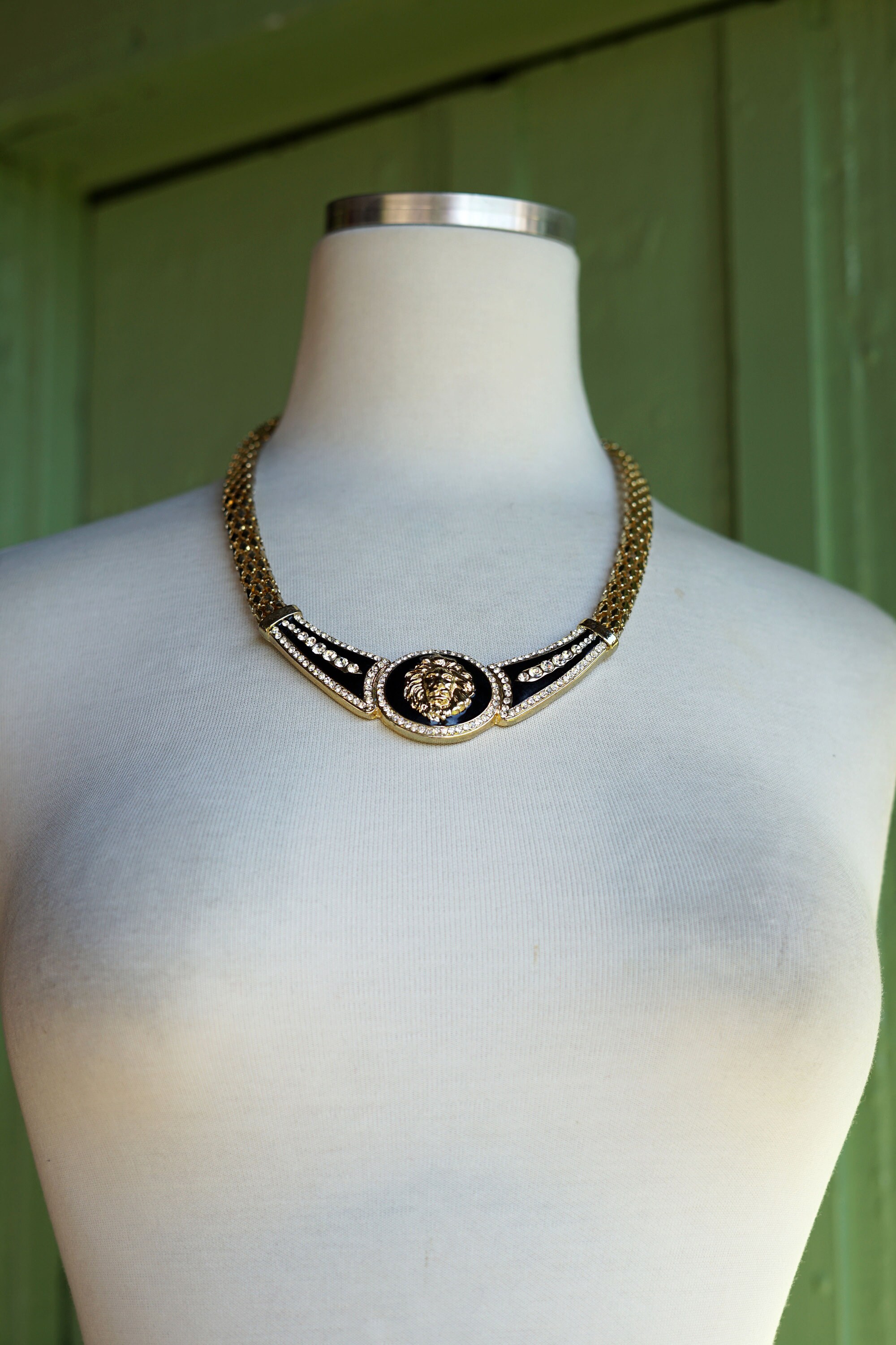 1990s 2000s Gold Black Rhinestone Lions-head Necklace // 90s 1990s 2000s Gold Black Rhinestone Lions-head Necklace // 90s