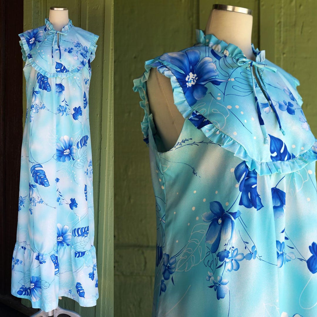1970s Light Blue White Navy Blue Floral Hawaiian Maxi Dress by Darina ...