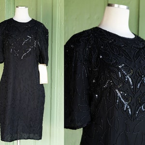 1980s 1990s Black Silk Sequin Beaded Formal Cocktail Dress // 80s 90s Short Sleeve Ornate Black Knee Length Fancy Party Dress