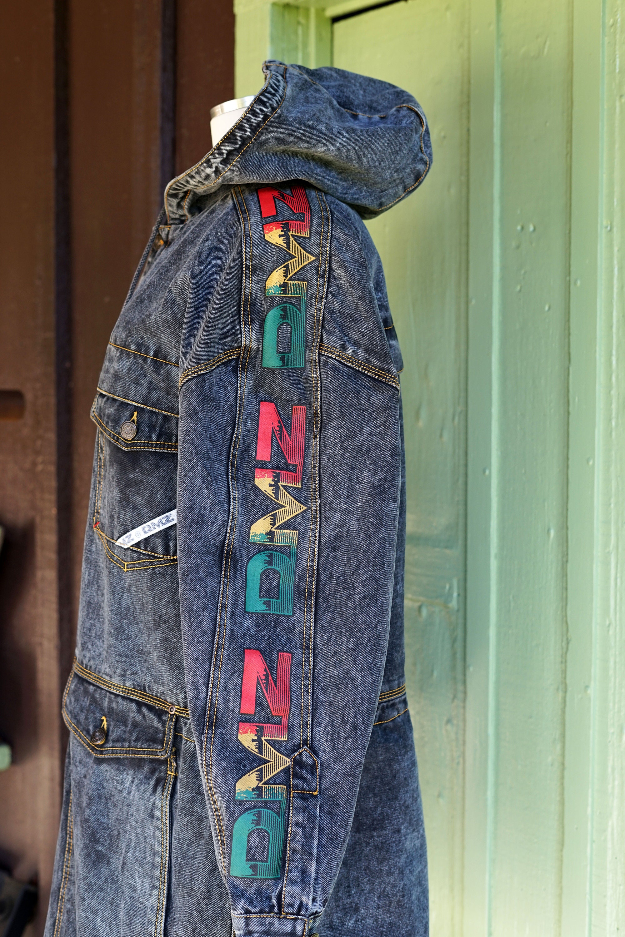 1980s 1990s Black Grey Denim DMZ Safe Zone Denim Jacket // 80s 90s