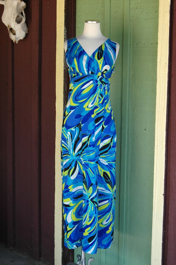 1960s 1970s Blue Turquoise Lime Green Swirly Maxi… - image 4