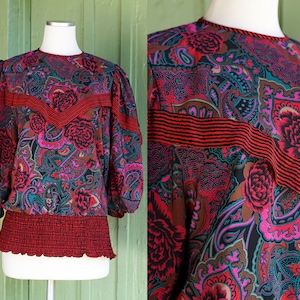 1980s Pink Green Red Black Floral Striped Funky Blouse // 80s Puff Sleeve Ornate Flower Blouse with Striped Trim