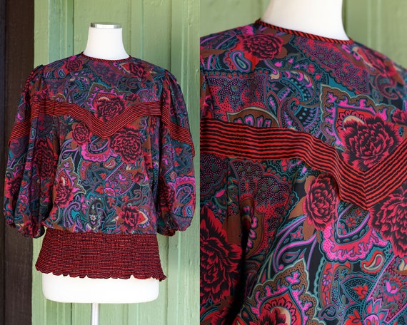 1980s Pink Green Red Black Floral Striped Funky B… - image 1