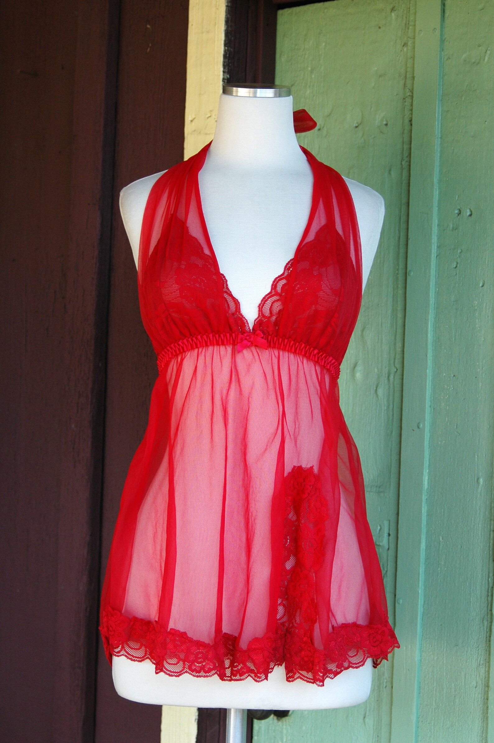 HOLIDAY 1990s Sheer Red Lace Babydoll Top by Fredericks of Etsy