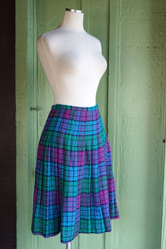 1960s Blue Purple Green Plaid Pleated Midi Skirt … - image 4