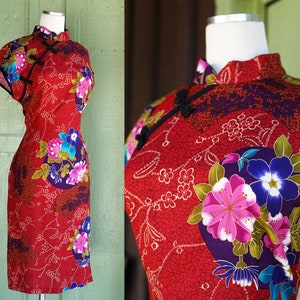1990s Red Pink Purple Blue Floral Cheongsam Inspired Rayon Dress // 90s Chinese Inspired Flower Midi Dress