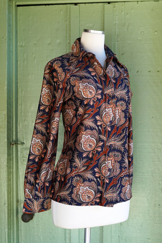 1970s Navy Blue Brown Tan Paisley Long Sleeve But… - image 4