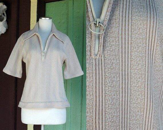 1960s 1970s Oatmeal Tan Half Zip Top // 60s 70s St