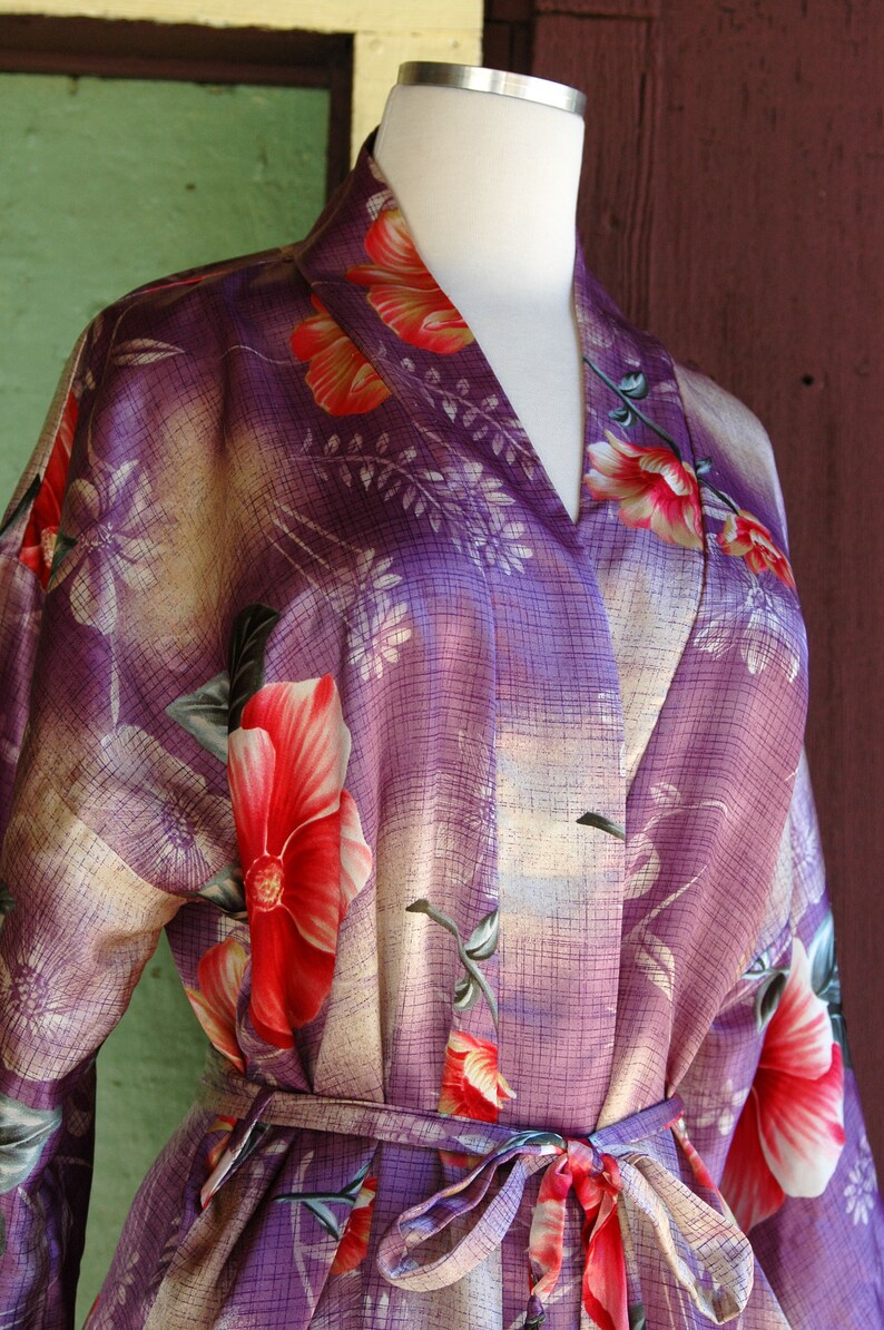 1980s 1990s Purple Pink Floral Silky Robe // 80s 90s California Dynasty ...