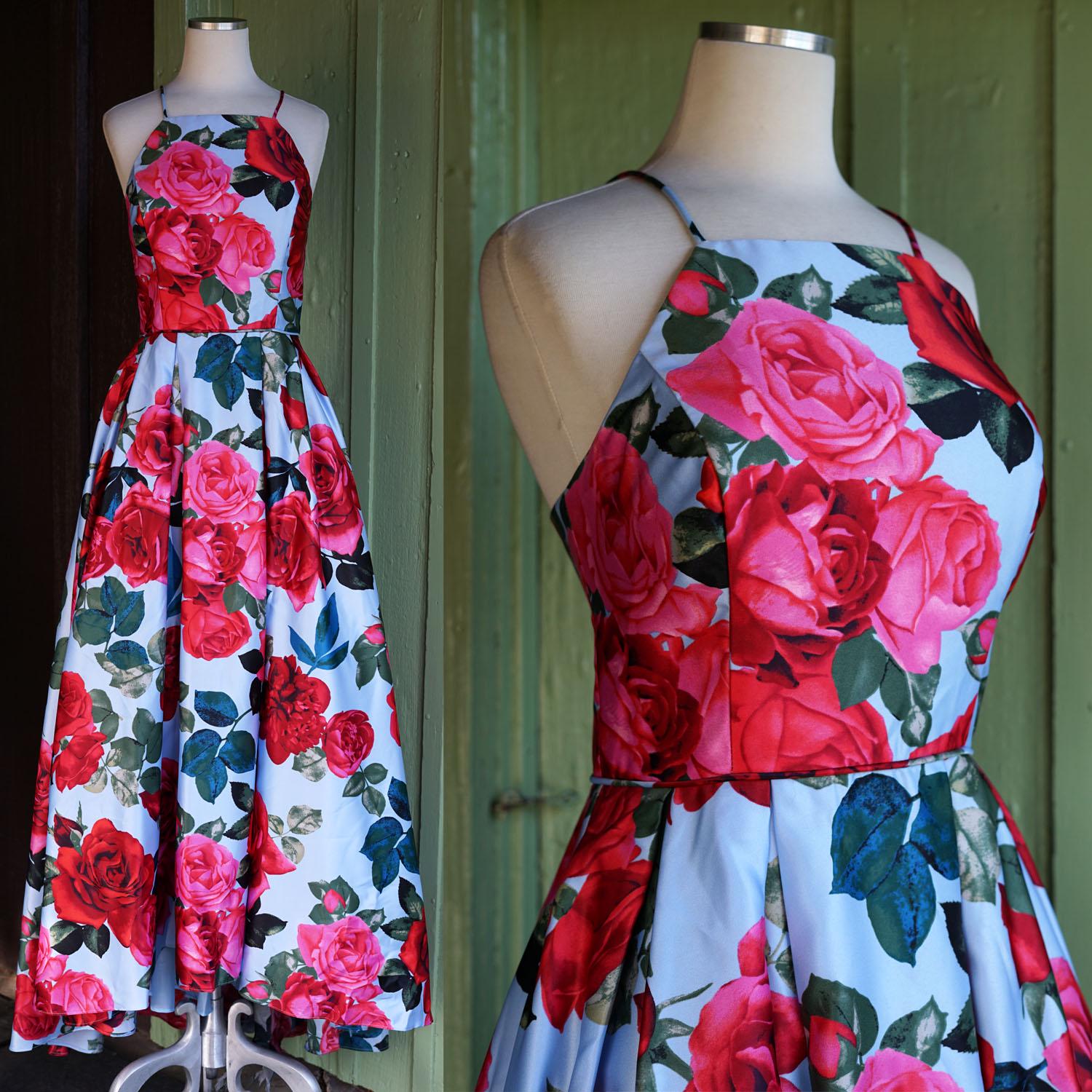 As Is 2000s Light Blue Pink Red Rose Print Formal Gown // Y2k Does 50s Inspired Prom Dress Ballgown Corset Back