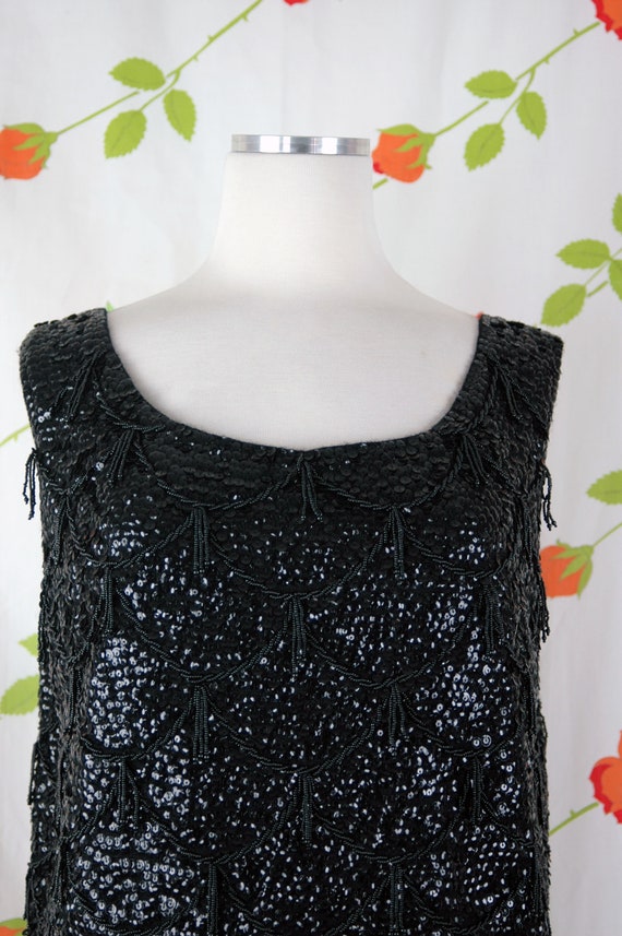 1960s Black Sequin Beaded Fringe Tank Top // 60s … - image 3