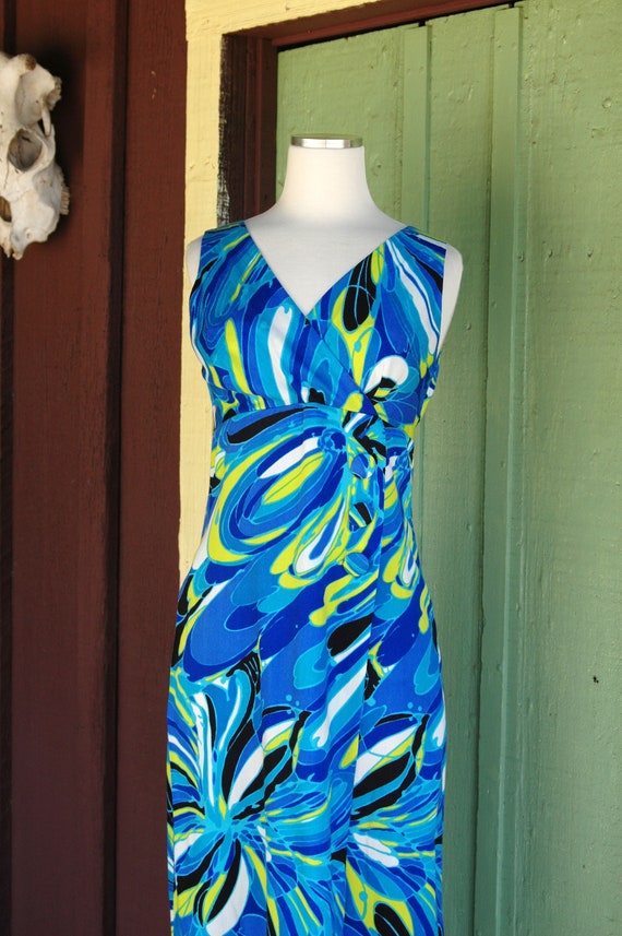 1960s 1970s Blue Turquoise Lime Green Swirly Maxi… - image 5