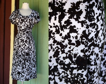 1980s Black and White Print Midi Dress // 80 Cow Print Short Sleeve Dress with Mermaid Skirt