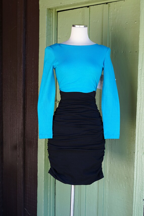 1980s 1990s Teal Black Ruched Tight Stretchy Mini… - image 2
