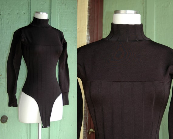 1990s Black High Neck Long Sleeve Thong Bodysuit /