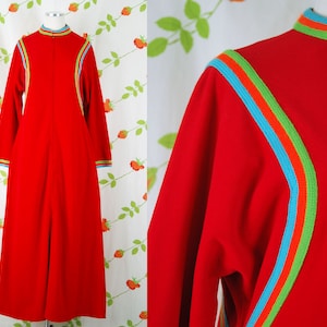 1970s Red Nightgown House Dress with Bright Green, Orange, Teal Striped Trim // 70s Loungewear by Evelyn Pearson