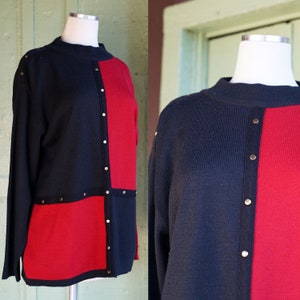1980s 1990s Red and Black Color Block Graphic Pullover Sweater with Gold Rivets // 80s 90s Lambswool Adolfo Sweater