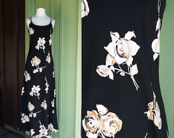 1990s Black Slip Dress with White Tan Rose Print // 90s Sans Souci Low Back Spaghetti Strap Maxi Floral Dress