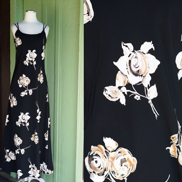 1990s Black Slip Dress with White Tan Rose Print // 90s Sans Souci Low Back Spaghetti Strap Maxi Floral Dress