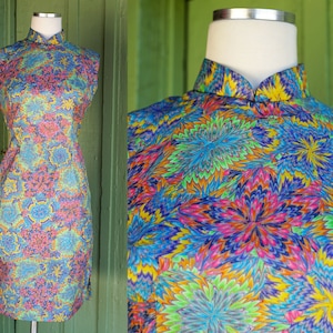 1960s Colorful Funky Psychedelic Floral Cheongsam Dress // 60s Sleeveless Blue Green Pink Orange Yellow Chinese Style Knee Length Dress