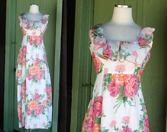 1970s White Pink Orange Green Floral Maxi Dress // 70s Spring Bouquet Flower Maxi Dress with Ruffled Collar