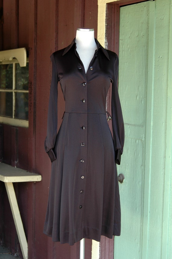 1970s Black Shirt Dress // 70s Black Buttons Up L… - image 2