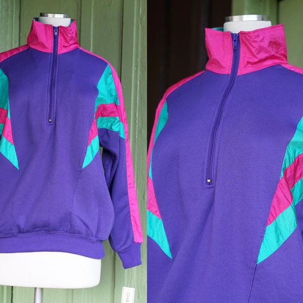 1980s 1990s Purple Green Pink Striped Half Zip Pullover Sweatshirt // 80s 90s Warm Up NOS Deadstock Sweatshirt