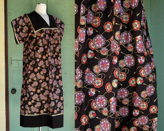 1980s Black Gold Red Purple Floral Print Muu Muu … - image 1