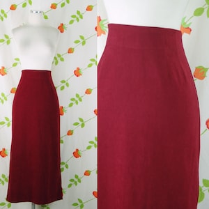 1990s Dark Red High Waist Long Skirt // 90s Red Raspberry Faux Suede Soft Skirt