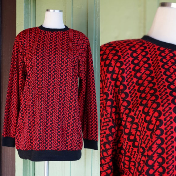 1980s 1990s Red and Black Graphic Sweater // 80s … - image 1