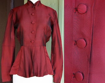 1940s Red Black Striped Peplum Blouse // 40s Chic Collarless Long Sleeve Button Front Blouse