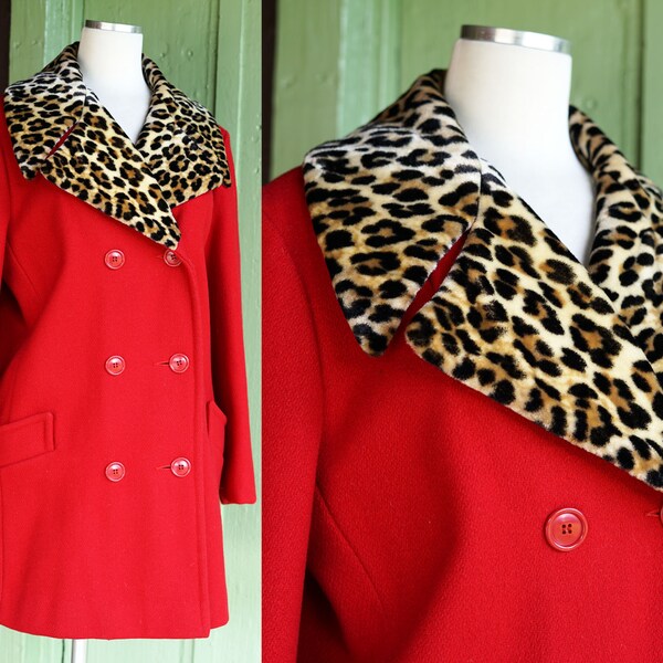 1970s Red Coat with Leopard Velvet Faux Fur Trim // 70s Double Breasted Red Pea Coat with Leopard Collar by Betty Rose