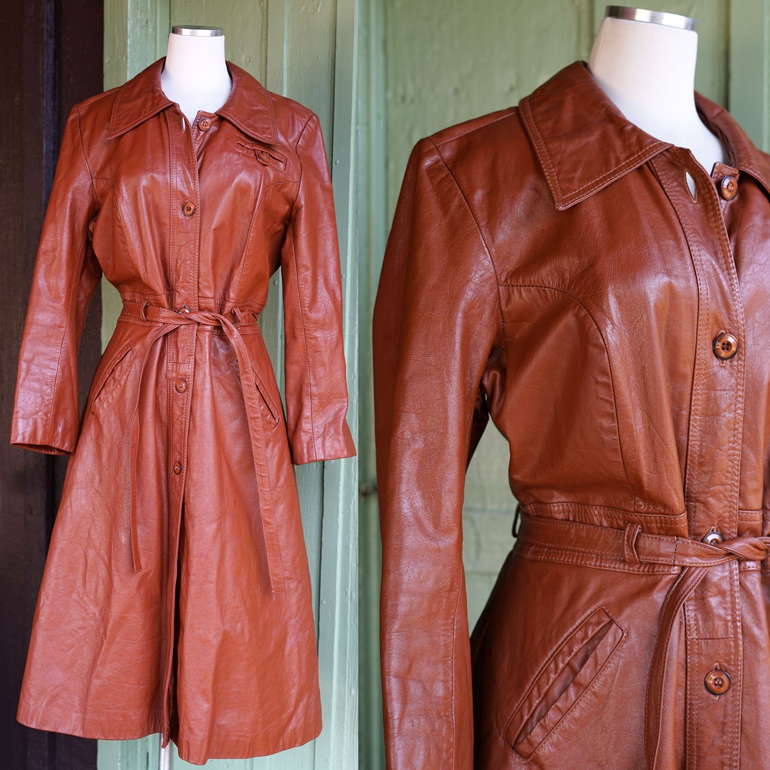 1970s Brown Leather Trench Coat // 70s Long Midi Length 1970s Brown Leather Trench Coat // 70s Long Midi Length
