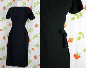 1950s 1960s Black Cocktail Formal Dress with Bow Details // 50s 60s Party Dress with Wrap Skirt