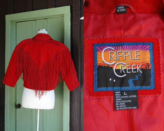 1990s Dark Red Suede Cropped Jacket with Fringe T… - image 9