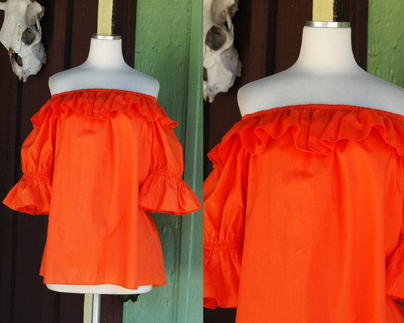 1970s 1980s Orange Off the Shoulder Ruffled Peasan