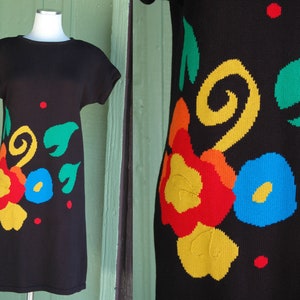 1990s Black Sweater Dress with Bold Bright Colorful Floral Design / 90s Liz Claiborne Cotton Blue Yellow Green Red Orange Flower Short Dress