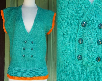 1980s Green Knit Sweater Vest with Custom Knit Orange Accents // 80s Plunging V Neck Vest