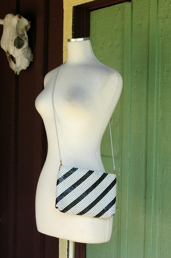 1970s Black White Striped Metal Mesh Purse // 70s… - image 6