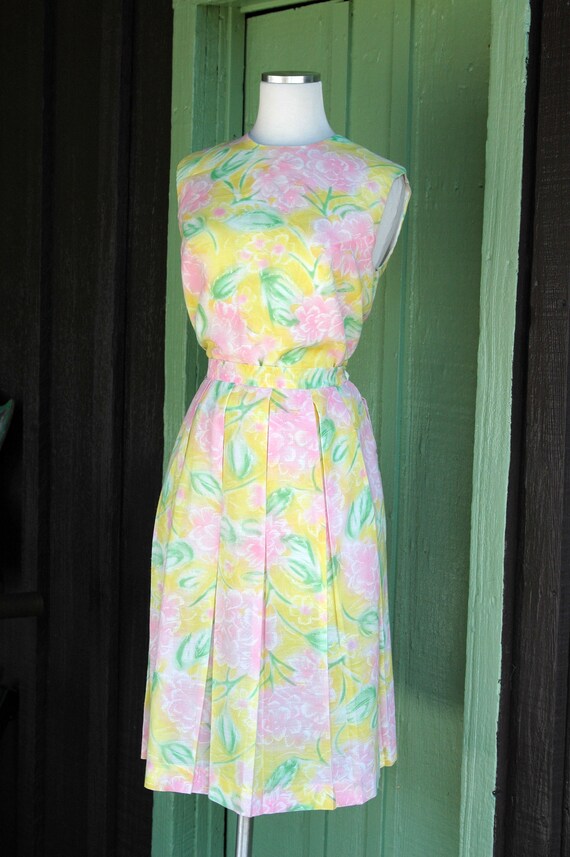 1960s Yellow Pink Green Floral Skirt and Top Set // 6… Gem