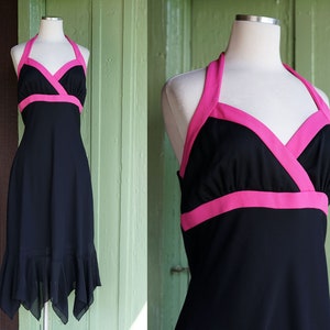 2000s Black Pink BisouBisou Halter Dress // Y2K Black Halter Bias Cut Dress with Pink Trim and Handkerchief Hem