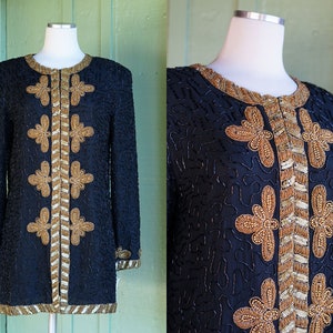 1980s Black and Gold Beaded Sequin Silk Formal Jacket // 80s Laurence Kazar Fancy Evening Jacket