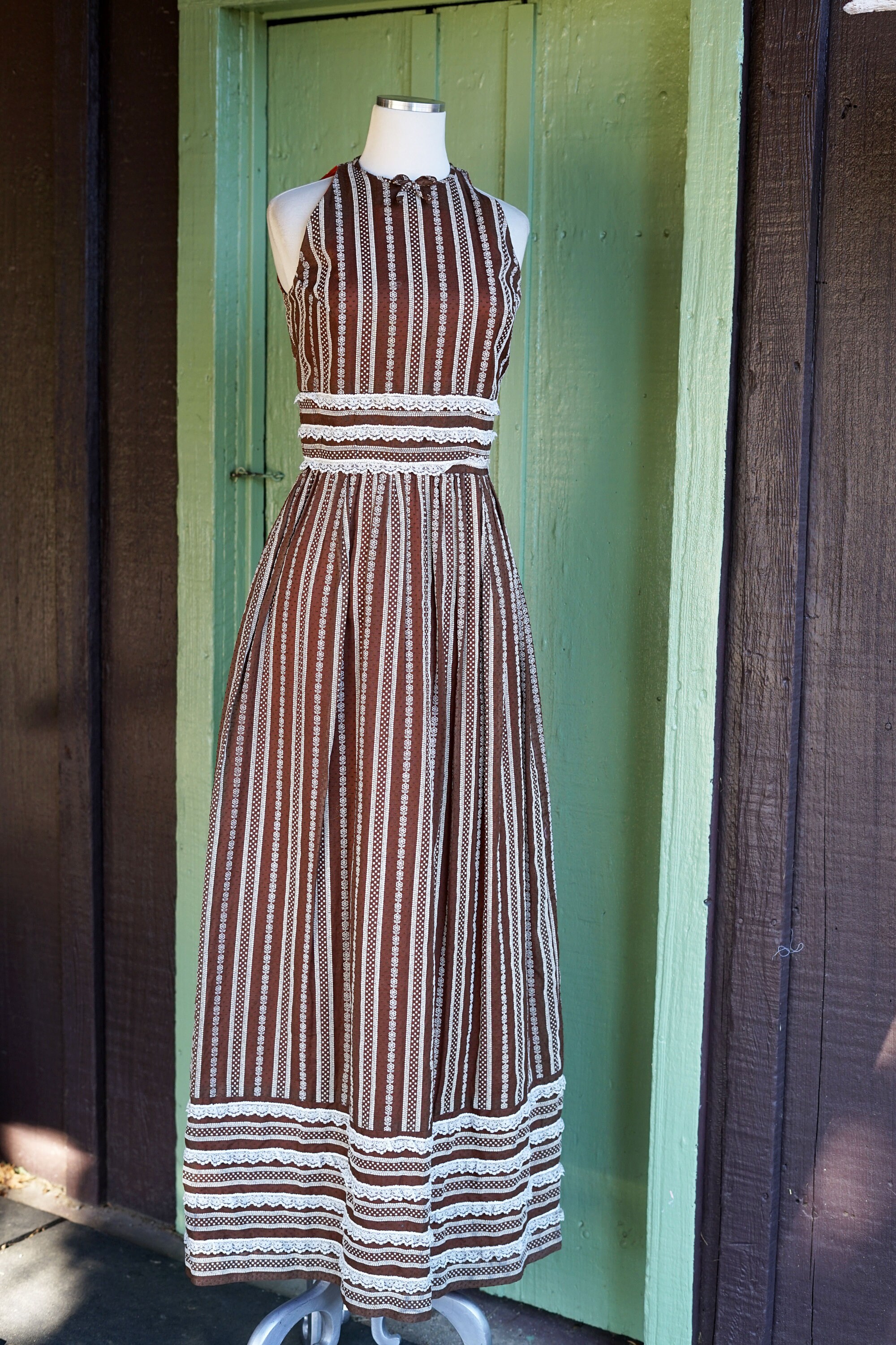 【オープニング大セール】 White Brown 1970s Flocked Dress Maxi Trim Lace Dot Striped ワンピース