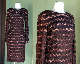 1980s Black Lace Long Sleeve Cocktail Dress Party Dress // 80s Open Back Hourglass Midi Formal Dress